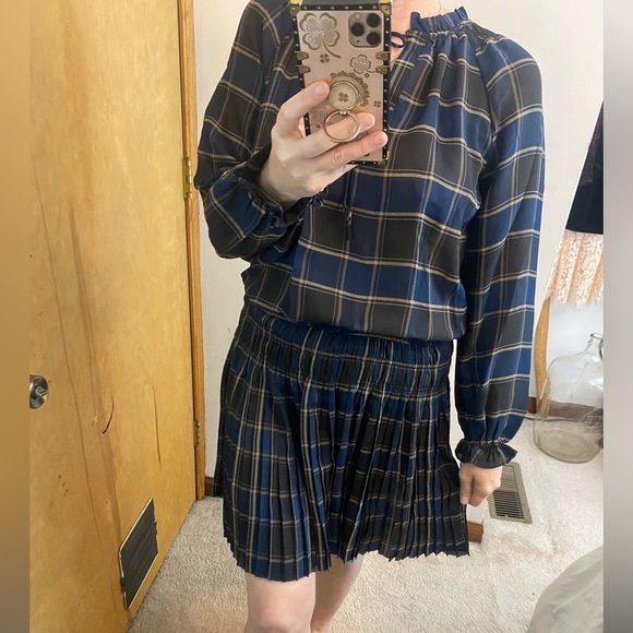 Current Air Los Angeles Prep School Plaid Pleated Long Sleeve Mini Dress - Picture 1 of 10